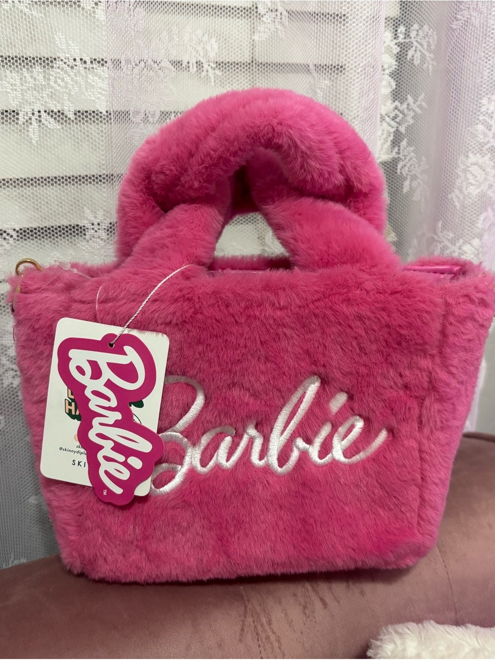 Barbie Plush Tote Bag in Bright Pink Faux Fur